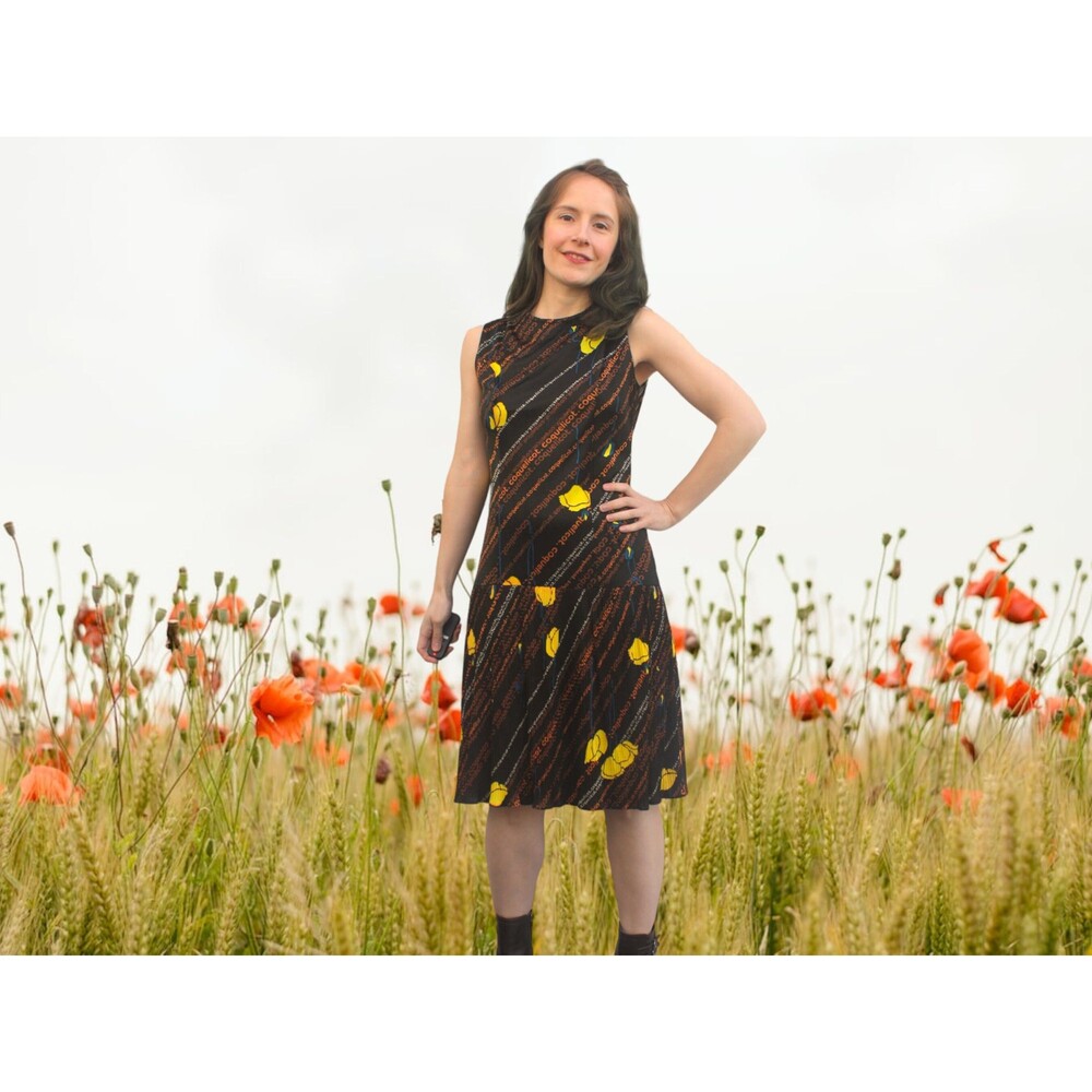 70s Brown Poppy Dress Yellow French Floral Print Pleated Vintage S